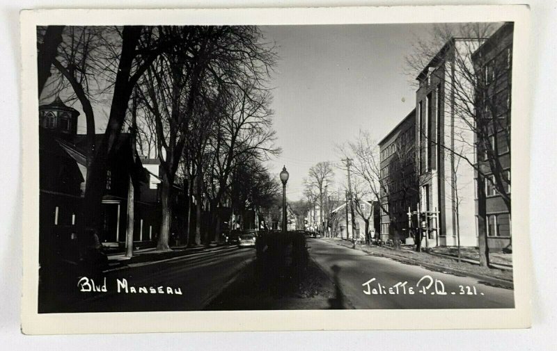 1950s Joliette Quebec Canada Manseau Blvd RPPC Postcard Street Lamp Scene 