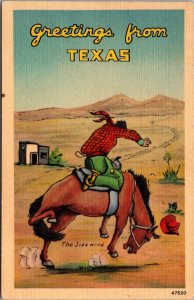 Cowboy on Bucking Horse, Sidewind, Greetings from Texas c1948 Vtg Postcard Q70