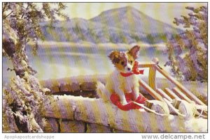 Young Puppy with Red Ribbon In The Snow