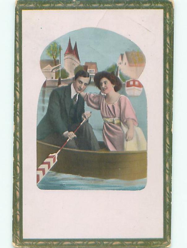 Pre-Linen foreign PRETTY EUROPEAN GIRL BEING ROWBOAT BOAT WITH MAN J4439