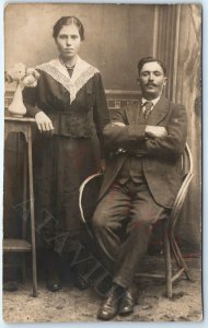 c1910s European Couple RPPC Handsome Mustache Man Smirk Real Photo Woman A173