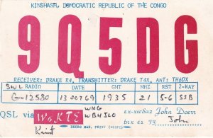 Kinshash The Congo Africa 1960s Amateur Radio QSL Card