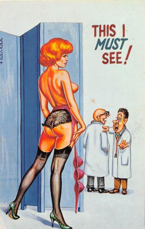D62/ Nude Comic Bamforth-Like Risque Postcard c1940s 3 Boobs Woman Doctors 28