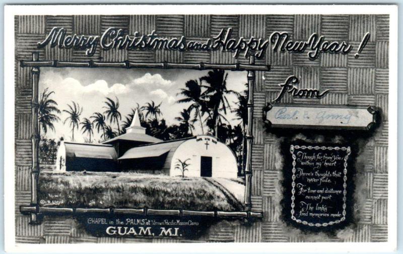 RPPC  GUAM, MARIANA ISLANDS  Merry Christmas Card  CHAPEL IN THE PALMS  Postcard