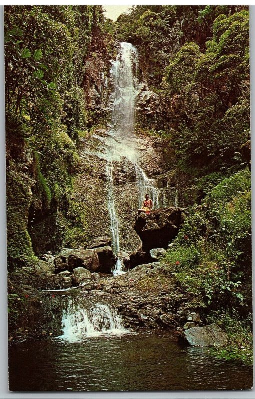 Wailua Falls Hawaiian Woman Sitting On Rock Beneath Falls Hana Hawaii Postcard