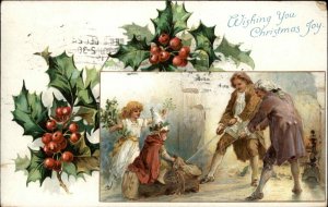 Ernest Nister No. 718 Christmas Men Pull Children on Log c1910 Vintage Postcard