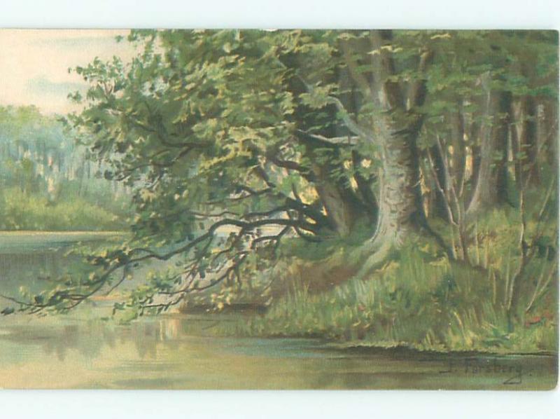 foreign Pre-1907 Postcard signed TREES DOWN BY THE RIVER AC3450