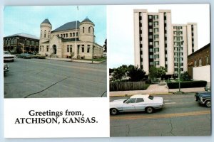 Atchison Kansas Postcard Greetings Post Office Mall Tower Exterior Building 1960
