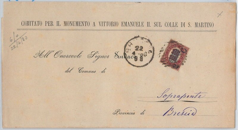 ITALY KINGDOM POSTAL HISTORY - Saxon 36 on ENVELOPE from BRESCIA 1880-