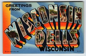 Greetings From Wisconsin Dells Large Big Letter City Postcard Curt Teich 1950