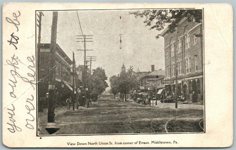 MIDDLETOWN PA NORTH UNION STREET 1907 UNDIVIDED ANTIQUE POSTCARD w/ CORK CANCEL