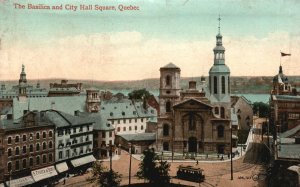 Vintage Postcard 1910's The Basilica Church and City Hall Square Quebec Canada