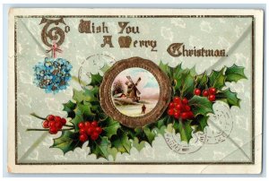 c1910's Christmas Holly Berries Windmill Pansies Flowers Gel Gold Gilt Postcard