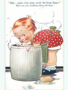 Pre-Linen foreign FRENCH GIRL WASHING CLOTHES IN BARREL k3582