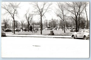 Larimore North Dakota ND Postcard RPPC Photo Bode Cars Park Scene c1950's