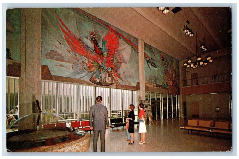 Phoenix Arizona Postcard Sky Harbor Airport Water Fire Shows Lobby c1960 Vintage