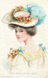 Vintage Postcard 1930's  When Shall I See You Again? Daisy Hat Victorian Woman