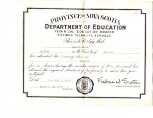 Nova Scotia Department of Education Technical Education Certificate 1937