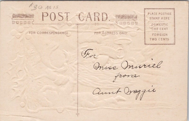 Merry Christmas Santa Claus and Girl Child Toy Horse Trumpet Postcard H58 *as is