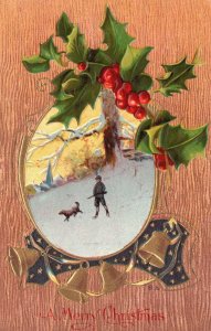 A Merry Christmas Xmas Greetings Card Boy & Dog Playing in Snow Vintage Postcard