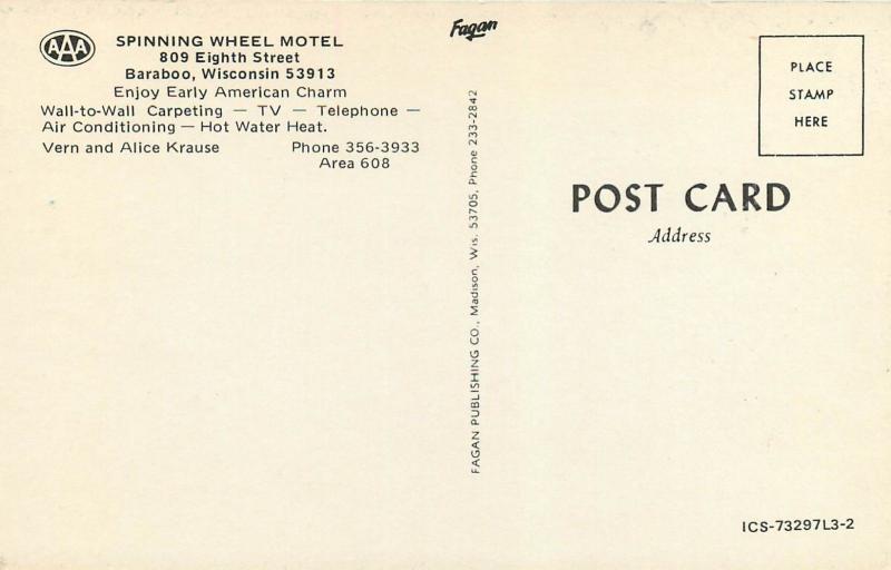 Spinning Wheel Motel Baraboo Wisconsin WI 8th Street Vern Alice Krause Postcard