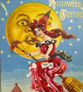 Fantasy Halloween Postcard Lions Head 116 Giant Moon Man Witch 1912 Buffalo NY