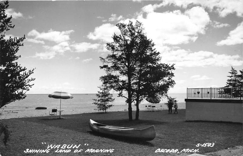 Oscoda Michigan~Beach Scene Wabun Shining Land of Morning~Canoe in Front~RPPC