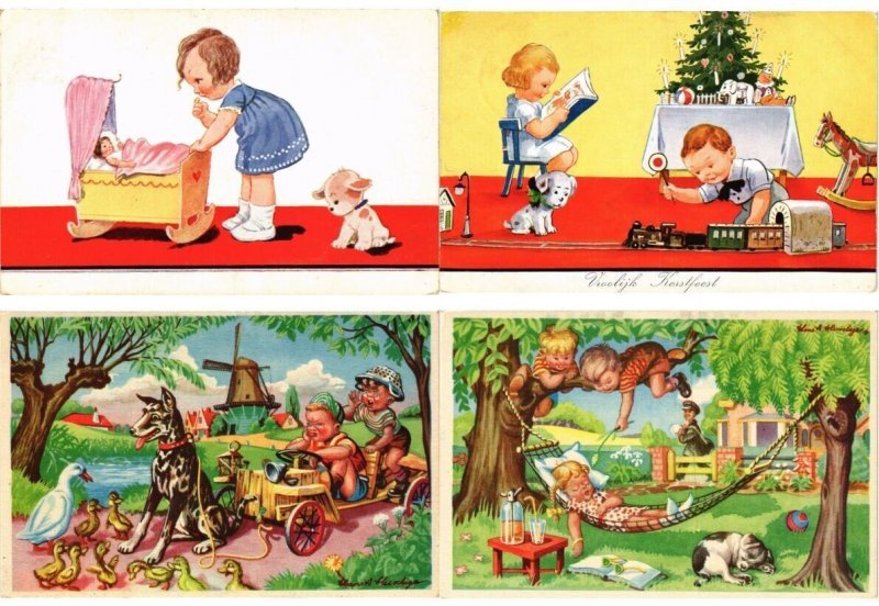 CHILDEN WITH DOGS ARTIST SIGNED HUMOR, 108 Vintage Postcards (L6228)