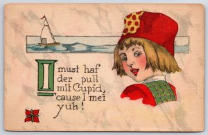 Pretty Girl In Red Hat Sailboat Landscaped Comic Card Postcard