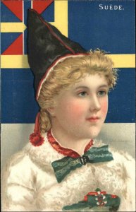 TUCK Nations Patriotic Series Pretty Woman Sweden Flag c1905 PC Edith Soloman