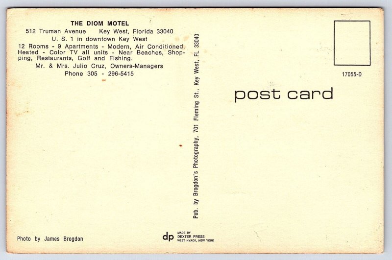 Vintage Postcard The Diom Motel Building Truman Avenue Downtown Key West Florida