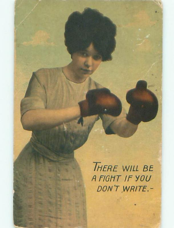 1912 Possible Suffrage Interest WOMAN WITH BOXING GLOVES READY TO FIGHT AB7440