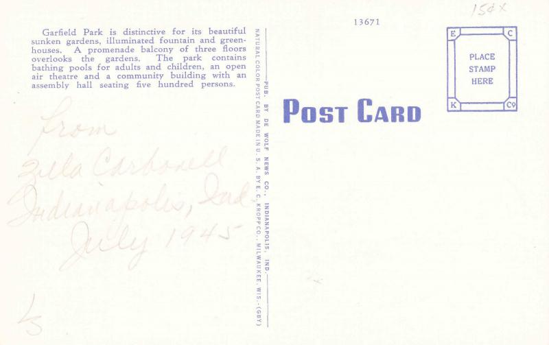 Sunken Garden, Garfield Park, Indianapolis IN c1945 Vintage Postcard F11