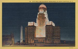 Buffalo NY, New York - City Hall and McKinley Monument at Night - Linen