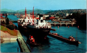 Vtg Seattle Washinghton WA Government Locks Giant Tanker Lake Union Postcard