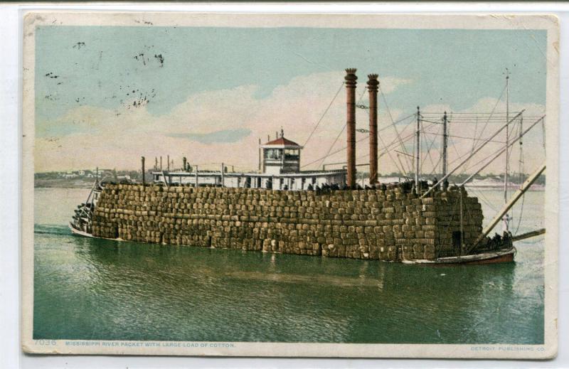Mississippi River Paddle Steamer Boat Loaded With Cotton 1911 postcard