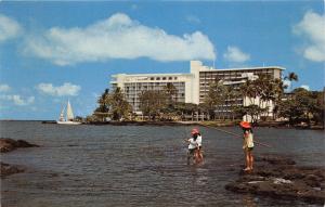 Naniloa Hawaii~Naniloa Surf~Girls Fishing in Hilo Bay~Sailboat~1950s Postcard
