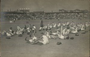 Men Exercise Calisthenics on Beach Boxing Gloves? Real Photo Postcard c1910