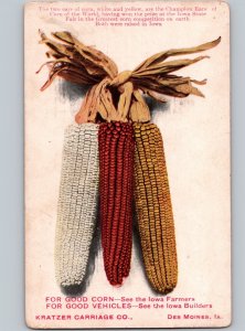 c1910 Kratzer Carriage Co Corn Vehicle Advertising DES MOINES Iowa IA Postcard