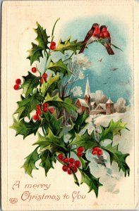 Vtg 1910s Merry Christmas Winter Church Scene Birds Holly Berries Postcard