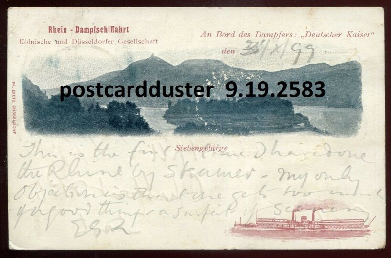 dc52 - Steamer DEUTSCHER KAISER 1899 Koln- Duesseldorf Rhein Line. Bahnpost RPO