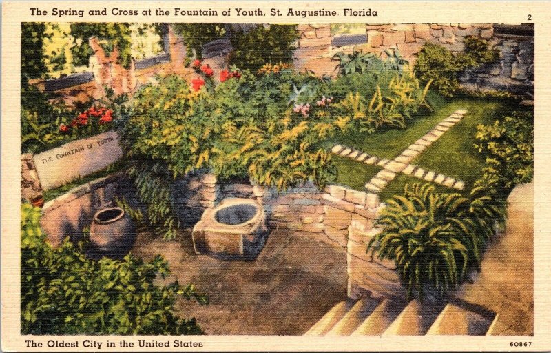 Historic Landmark Spring Cross Fountain Youth St Augustine Florida FL Postcard