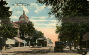 New Philadelphia OH North Broadway Trolley & Car c1910 Postcard