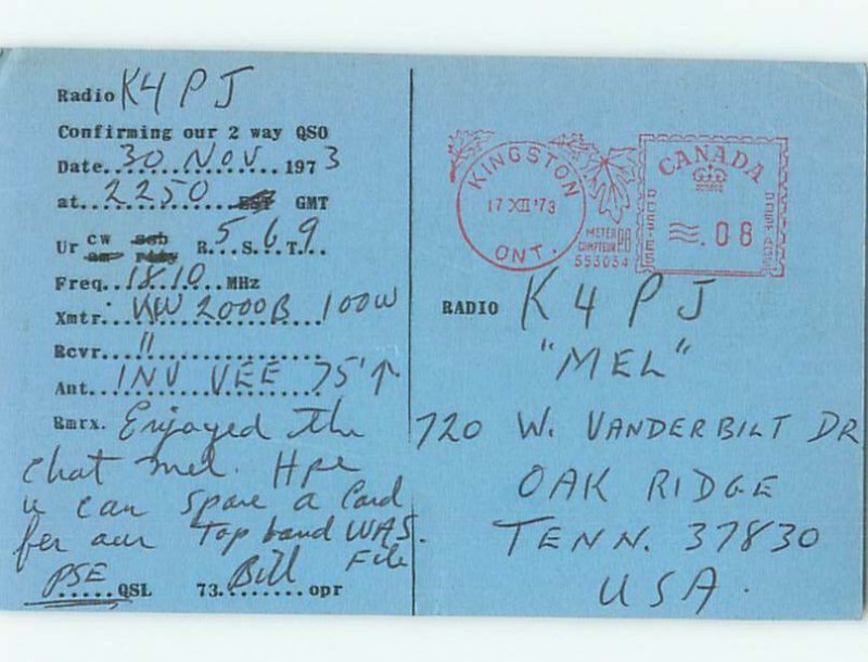 Pre-1980 RADIO CARD - CB HAM OR QSL Kingston Ontario ON AH2165