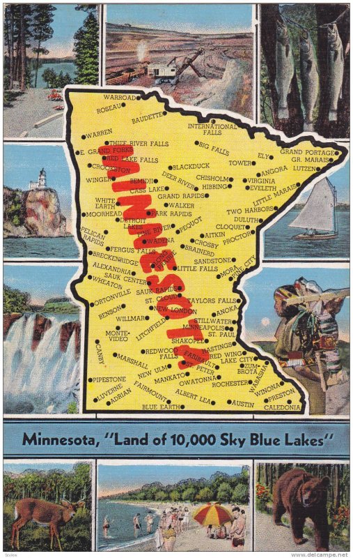 10-Views, State map of Minnesota, Land of 10,000 Sky Blue Lakes, 30-40s