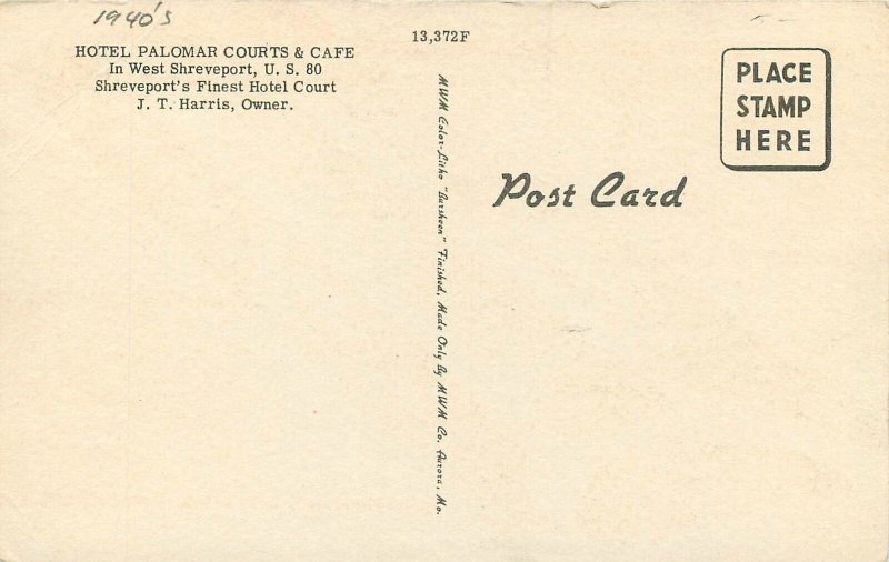 Postcard Louisiana Shreveport Hotel Palomar Courts Cafe 1940s MWM 23-10969