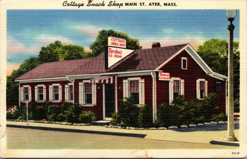 Linen Postcard Cottage Snack Shop on Route #2 in Ayer, Massachusetts~136635