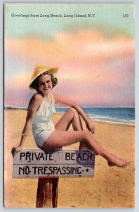 GREETINGS FROM LONG BEACH ISLAND NEW YORK BATHING BEAUTY PRIVATE NO TRESPASSING