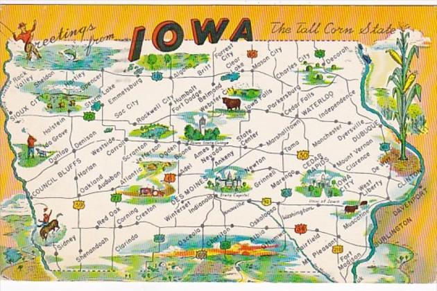 Greetings From Iowa With Map 1959