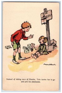 France Postcard RPPC Photo Boy Leaves Little Brother And Join His Playmates